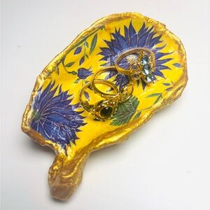 Handcrafted Oyster Shell Ring Dish Mini W/Victorian Blue Floral Decoupage